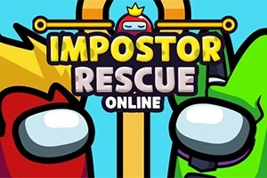 Två tecknade figurer, en röd och en grön, med stora visir, samt texten Impostor Rescue Online på en blå bakgrund