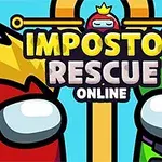 Två tecknade figurer, en röd och en grön, med stora visir, samt texten Impostor Rescue Online på en blå bakgrund