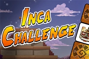 Texten Inca Challenge i gula och orange bokstäver framför en stiliserad bakgrund med en pyramid och spelkort