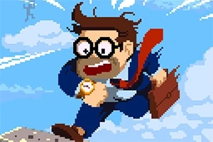 En pixlad bild av en karaktär med glasögon och kostym som springer över hustak mot en blå himmel