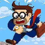 En pixlad bild av en karaktär med glasögon och kostym som springer över hustak mot en blå himmel