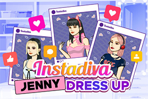 Tre stiliserade karaktärsporträtt med sociala medie-ikoner och texten Instadiva Jenny Dress Up