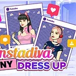 Tre stiliserade karaktärsporträtt med sociala medie-ikoner och texten Instadiva Jenny Dress Up