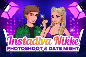 Tecknade figurer, en man och en kvinna, framför en bakgrund med fotostudionlampor och texten Instadiva Nikke Photoshoot & Date Night