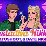 Tecknade figurer, en man och en kvinna, framför en bakgrund med fotostudionlampor och texten Instadiva Nikke Photoshoot & Date Night