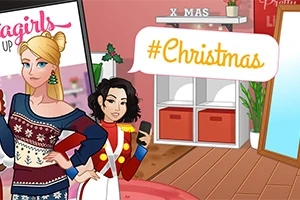 Två tecknade figurer står i en juldekorerad scen med en pratbubbla som säger #Christmas, omgiven av festliga detaljer