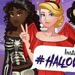 Tre animerade tjejer klädda i Halloween-kostymer med texten Instagirls #HALLOWEEN