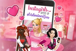 Tre tjejer poserar framför en stor smartphone med texten Instagirls Dress Up #ValentinesDay omgiven av rosa hjärtan i en stiliserad bakgrund
