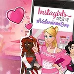 Tre tjejer poserar framför en stor smartphone med texten Instagirls Dress Up #ValentinesDay omgiven av rosa hjärtan i en stiliserad bakgrund