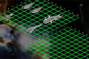 Rymdskepp placerade på ett grönt rutnät mot en bakgrund av universum