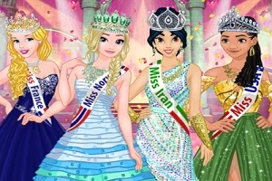 Fyra animerade karaktärer i vackra balklänningar och diadem bärande banderoller med olika länders namn