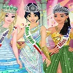 Fyra animerade karaktärer i vackra balklänningar och diadem bärande banderoller med olika länders namn