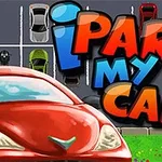 Titeltexten iPark My Car ovanpå en bakgrund med en illustration av bilar parkerade i en parkeringsplats och en röd bil i förgrunden