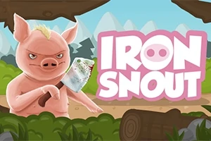 En tecknad gris med en yxa i handen står framför en skogsbakgrund med texten IRON SNOUT bredvid sig