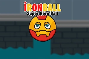 En tecknad boll med hjälm och ansiktsuttryck ovanför namnet Ironball Super Hero Ball mot en bakgrund av en tegelliknande vägg och vatten