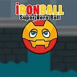 En tecknad boll med hjälm och ansiktsuttryck ovanför namnet Ironball Super Hero Ball mot en bakgrund av en tegelliknande vägg och vatten