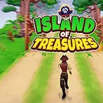En tecknad karaktär springer på en skogsstig mot texten Island of Treasures med träd och grönska runt omkring