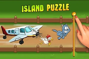 En tecknad scen med ett flygplan, en höna och en katt som springer inhägnade, och en hand som drar i en pinne bredvid texten Island Puzzle