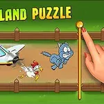 En tecknad scen med ett flygplan, en höna och en katt som springer inhägnade, och en hand som drar i en pinne bredvid texten Island Puzzle