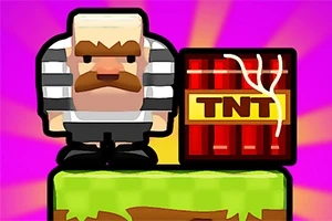 En tecknad figur i fångdräkt står bredvid en TNT-låda på en gräsplattform med lila strålande bakgrund