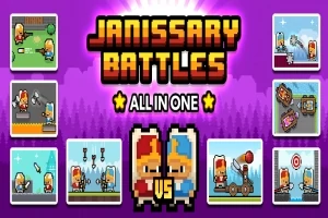 Flera pixlade stridsscener och karaktärer visas med en färgglad titel Janissary Battles - All in One i mitten