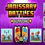 Flera pixlade stridsscener och karaktärer visas med en färgglad titel Janissary Battles - All in One i mitten