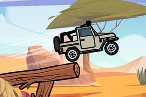 Jeep kör över en träbro i ett ökenlandskap med ett akaciaträd i bakgrunden