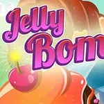 Texten Jelly Bomb i lila cursiv stil ovanför färgglada geléliknande former och en körsbär med en stubin