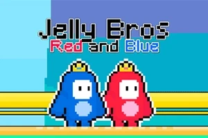 Två tecknade figurer i blå och röd med kronor står bredvid varandra under texten Jelly Bros Red and Blue