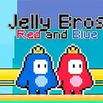 Två tecknade figurer i blå och röd med kronor står bredvid varandra under texten Jelly Bros Red and Blue