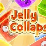 Färgglada gelébitar med ansikten omger texten Jelly Collapse