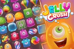 Färgglada geléfigurer och ikoner med texten Jelly Crush i ett speltema