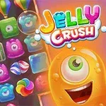 Färgglada geléfigurer och ikoner med texten Jelly Crush i ett speltema