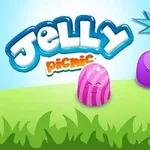 Färgglada geléfigurer på en grön gräsmatta med texten Jelly Picnic och en troféikon med +500 mot en blå bakgrund
