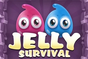 Två tecknade gelédroppar, en rosa och en blå, med stora ögon över texten Jelly Survival