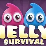 Två tecknade gelédroppar, en rosa och en blå, med stora ögon över texten Jelly Survival
