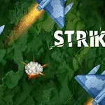 Blå stridsflygplan flyger över en grön bakgrund med exploderande moln och ordet STRIKE i vitt