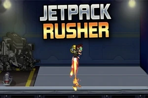 En figur med jetpack svävar över marken i en futuristisk miljö under texten Jetpack Rusher