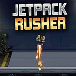 En figur med jetpack svävar över marken i en futuristisk miljö under texten Jetpack Rusher