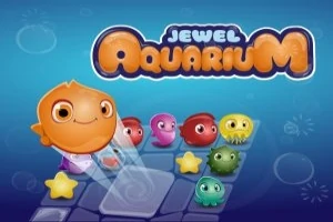 Tecknad orange fisk med stora ögon omgiven av färgglada undervattensvarelser på en spelbräda med texten Jewel Aquarium ovanför