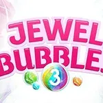 Texten Jewel Bubbles 3 i rosa bokstäver med färgglada bollar i bakgrunden