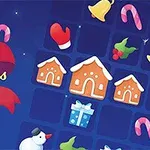 Julinspirerad bild med pepparkakshus, snögubbar, presenter och juldekorationer mot en blå bakgrund