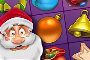 Tecknad bild av en glad jultomte med glasögon, omgiven av juldekorationer som en guldklocka, orange julkula, röda present och pepparkaka på en lila bakgrund