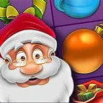 Tecknad bild av en glad jultomte med glasögon, omgiven av juldekorationer som en guldklocka, orange julkula, röda present och pepparkaka på en lila bakgrund