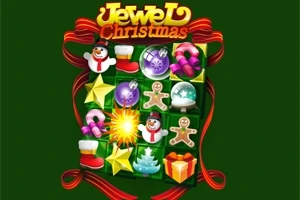Julkulor, snögubbe, pepparkakor och stjärnor arrangerade i ett rutnät på en grön bakgrund med texten Jewel Christmas högst upp