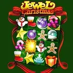 Julkulor, snögubbe, pepparkakor och stjärnor arrangerade i ett rutnät på en grön bakgrund med texten Jewel Christmas högst upp