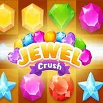 Färgglada och olika formade juveler mot en rutnätsbakgrund med texten Jewel Crush i mitten