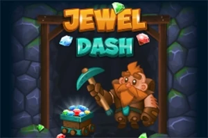 En tecknad dvärg med en hacka står bredvid en vagn full med ädelstenar under texten Jewel Dash