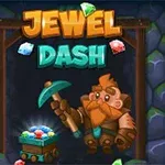 En tecknad dvärg med en hacka står bredvid en vagn full med ädelstenar under texten Jewel Dash