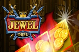 En sköld med två korsade svärd, en krona, och texten Jewel Duel över en bakgrund med guldmynt
